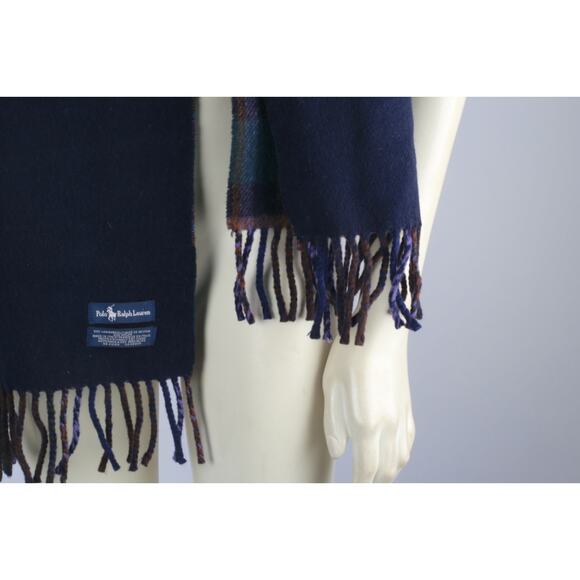 Vintage Polo Ralph Lauren Lambswool Plaid Fringe Shawl Wrap Scarf Luxury Classic - Picture 9 of 9